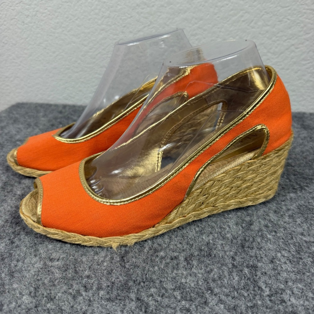 Lauren Ralph Lauren Charlotte Espadrille Wedge Women 8B Orange Textile Gold GUC
